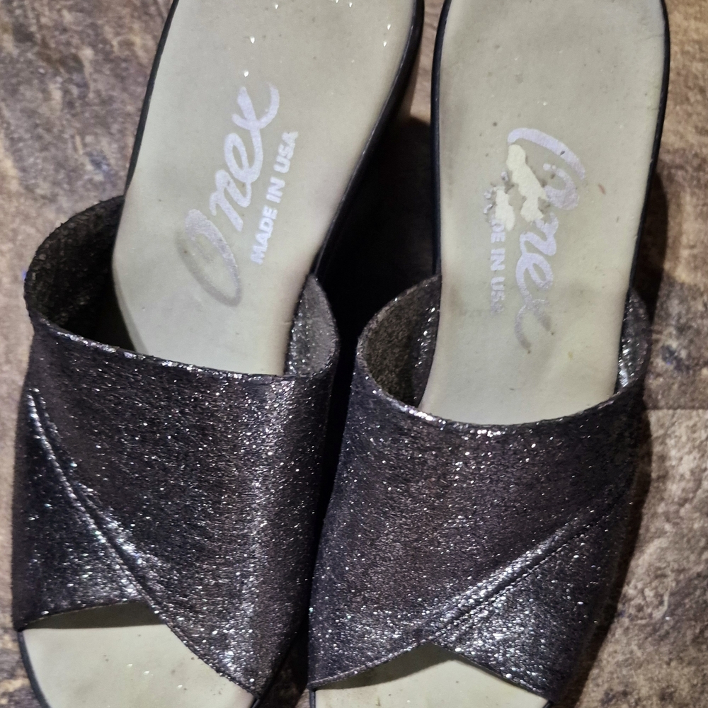 Onex Gray Shimmery Wedge Sandals with Crossover Strap